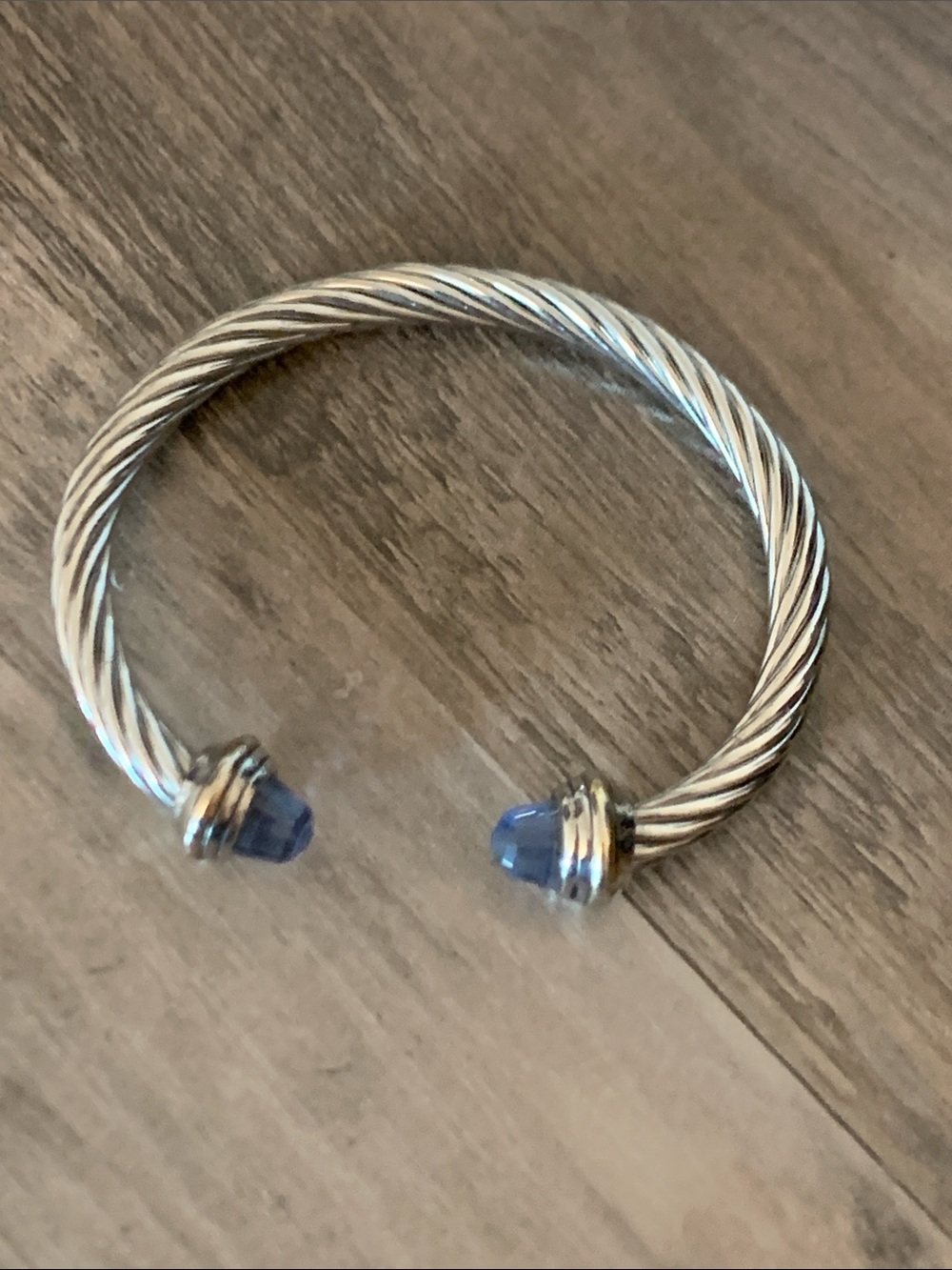 Silver-Tone Twisted Cuff Bracelet with Blue Stone Ends